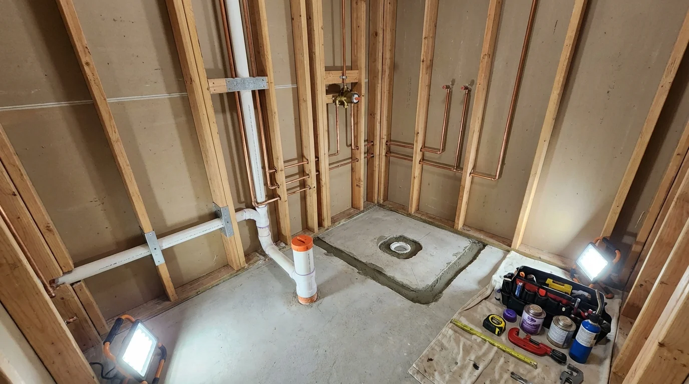 Bathroom rough-in plumbing during remodel by Johns Plumbing LLC in Albion