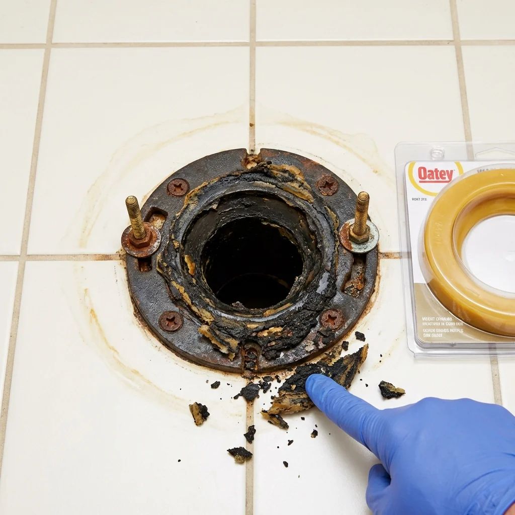 Failed wax ring showing water seepage at the base of a toilet in a Albion, IL home