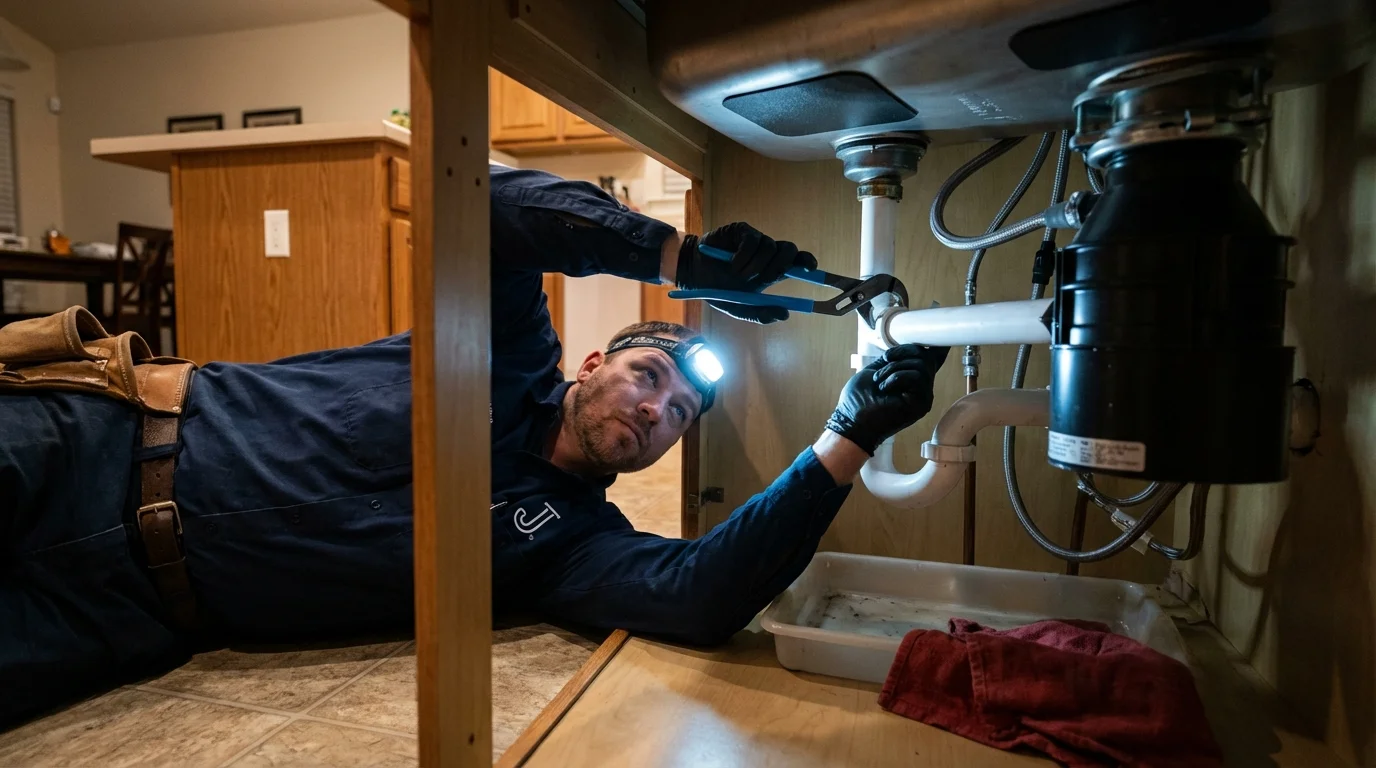 P-trap and supply line connections under a kitchen sink showing a common leak point in Albion, IL